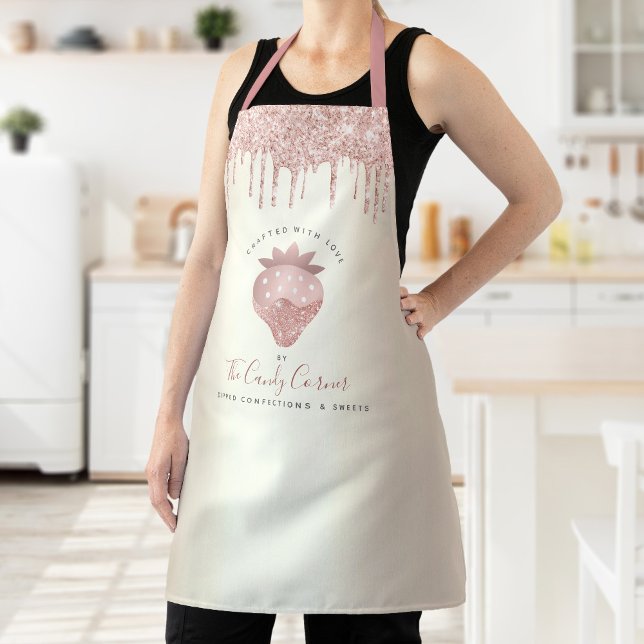 Pink Glitter Drips Strawberry Confection Gold Apron (Creator Uploaded)
