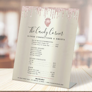 Pink Glitter Drips Strawberry Menu Price List Gold Pedestal Sign