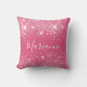 Pink glitter dust monogram name script throw pillow