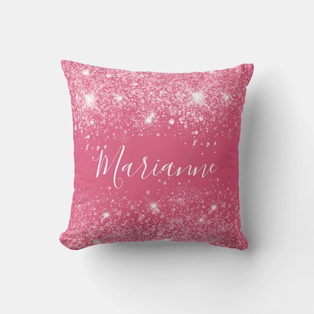 Pink glitter dust monogram name script throw pillow (Front)