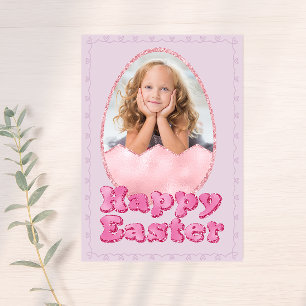 Pink Glitter Easter Egg Custom Photo Holiday Card