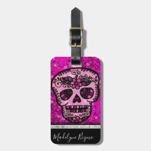 Pink Glitter Elegant Black Skull Travel Monogram Luggage Tag
