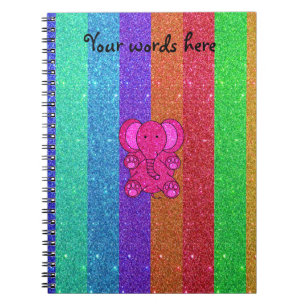Pink glitter elephant with rainbow stripes notebook