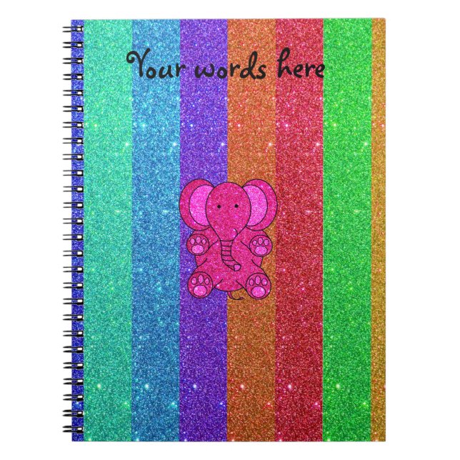 Pink glitter elephant with rainbow stripes notebook (Front)