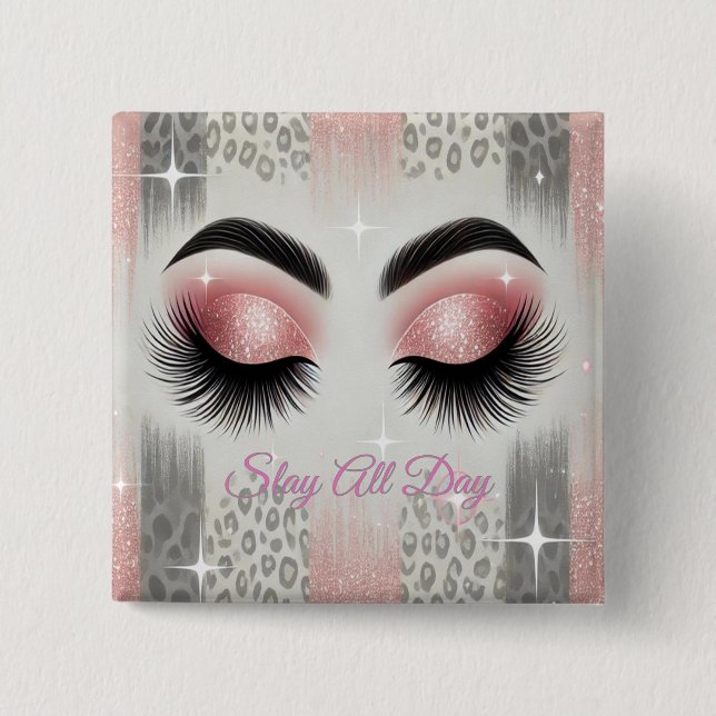 Pink Glitter Eyelashes 2 Inch Square Button (Front)