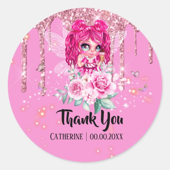 Pink glitter fairy girl pink rose drippings thanks classic round sticker (Front)