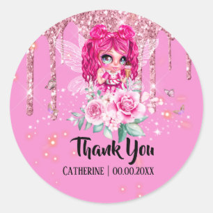 Pink glitter fairy girl pink rose drippings thanks classic round sticker