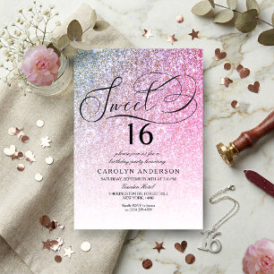 Pink Glitter Fancy Script Sweet 16 Birthday Party Invitation
