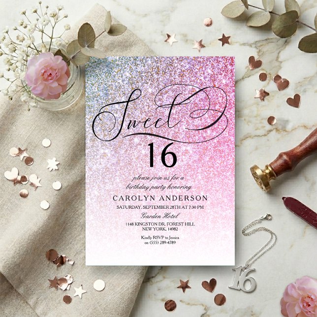 Pink Glitter Fancy Script Sweet 16 Birthday Party Invitation (Creator Uploaded)