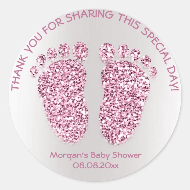 Pink Glitter Feet Baby Shower Favour Thank Girl Gr Classic Round Sticker (Front)