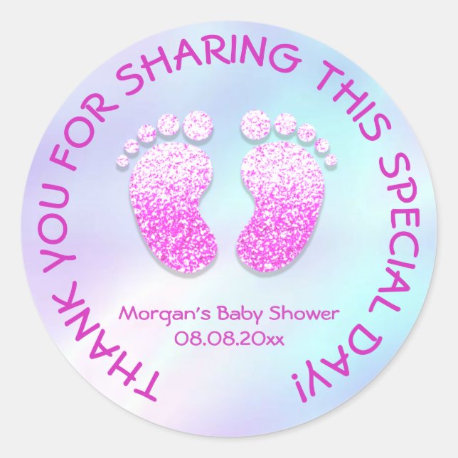 Pink Glitter Feet Baby Shower Iridescent Thank Classic Round Sticker (Front)