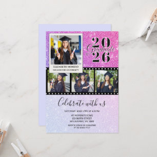 Pink Glitter Film Strip Graduation Photo Invitation
