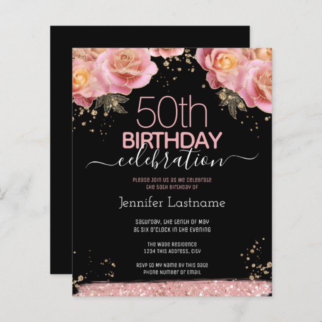 Pink Glitter Floral 50th Birthday Invitations (Front/Back)