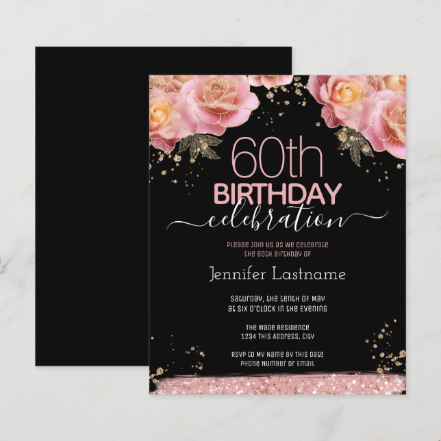Pink Glitter Floral 60th Birthday Invitations (Front/Back)