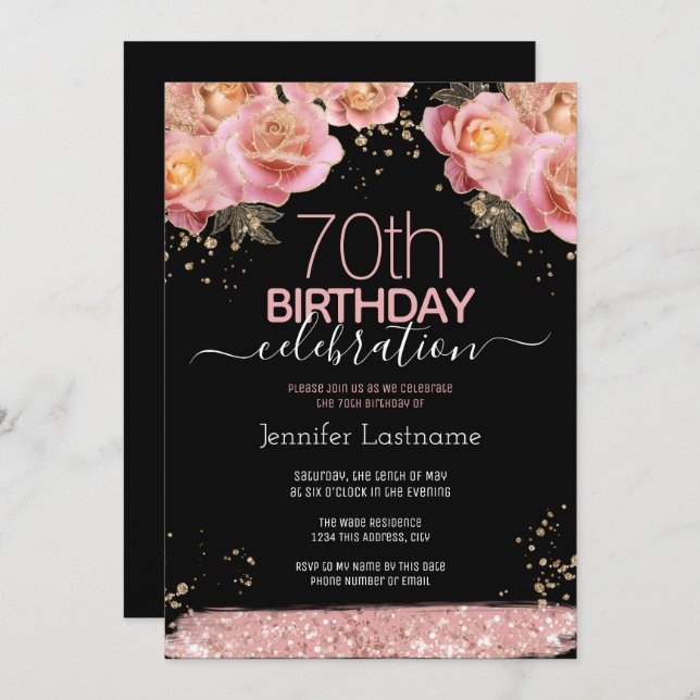 Pink Glitter Floral 70th Birthday Invitations (Front/Back)