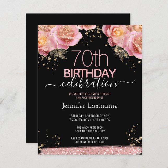 Pink Glitter Floral 70th Birthday Invitations (Front/Back)