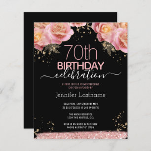 Pink Glitter Floral 70th Birthday Invitations