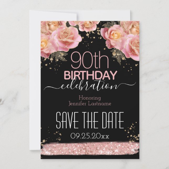Pink Glitter Floral 90th Birthday Save the Date  I Invitation (Front)