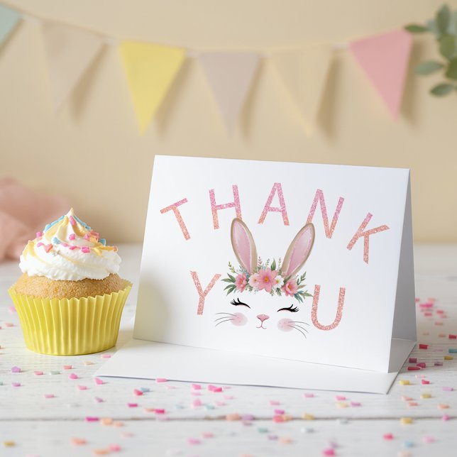 Pink Glitter Floral Bunny Thank You Cards (Thank you bunny face )