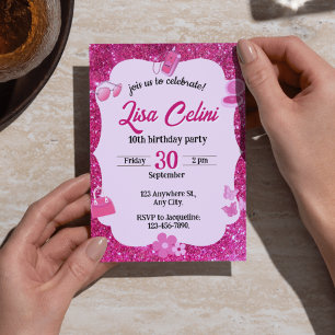 Pink Glitter Floral Girl Birthday Invitations 