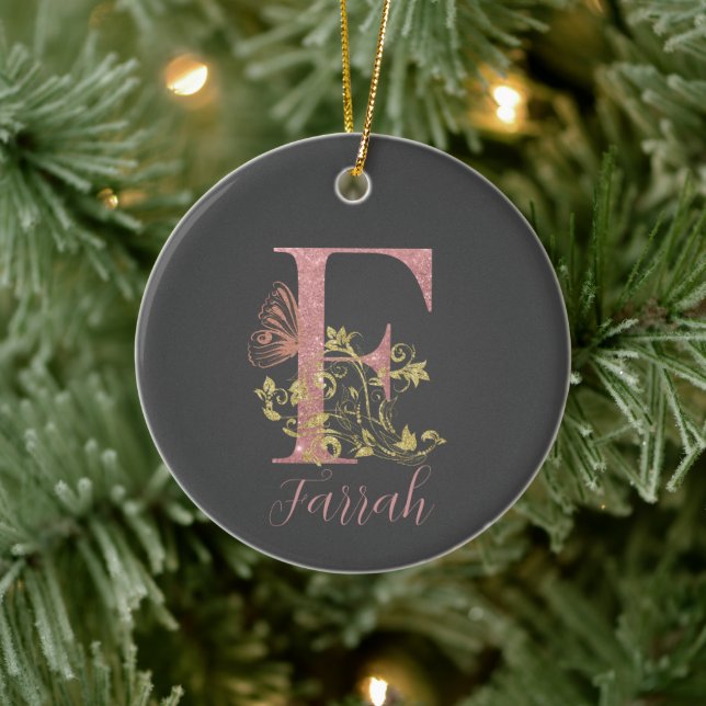 Pink Glitter Floral Letter F   Ceramic Ornament (Tree)