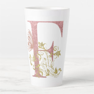 Pink Glitter Floral Letter F  Latte Mug