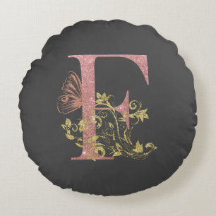 Pink Glitter Floral Letter F  Round Pillow