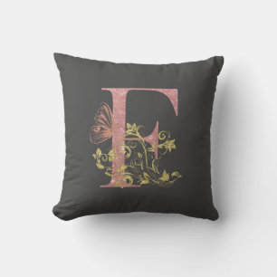 Pink Glitter Floral Letter F Throw Pillow