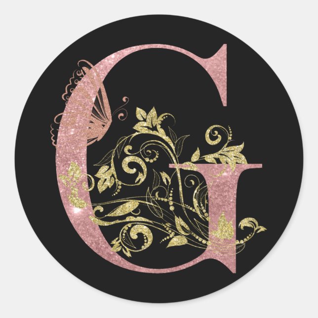 Pink Glitter Floral Letter G  Classic Round Sticker (Front)