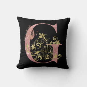 Pink Glitter Floral Letter G Throw Pillow