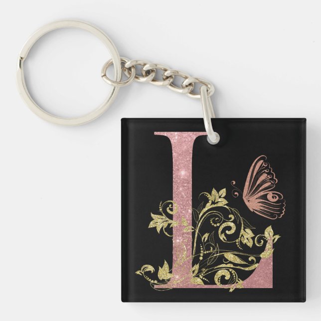 Pink Glitter Floral Letter L   Keychain (Front)