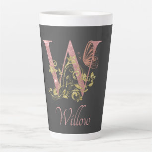 Pink Glitter Floral Letter W Personalized Latte Mug