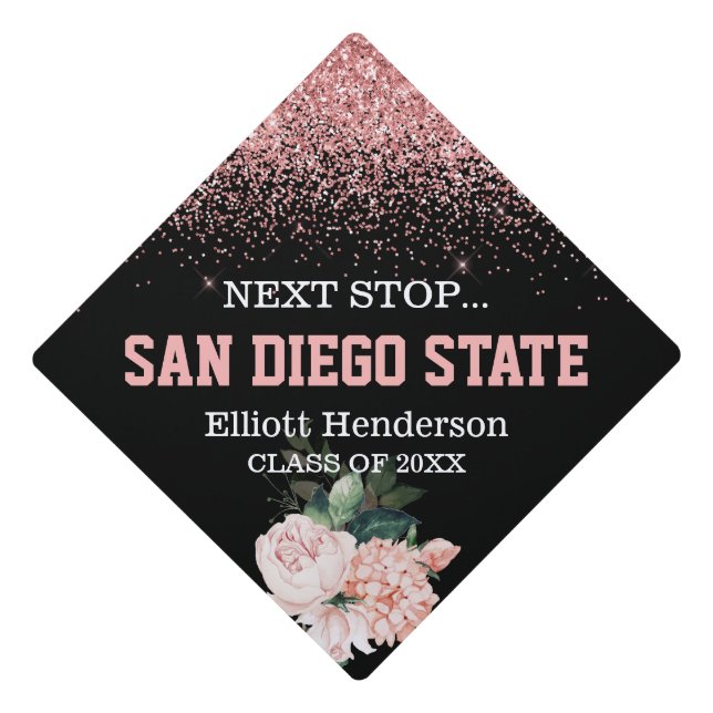 Pink Glitter Floral Next Stop  Graduation Cap Topper (Front)