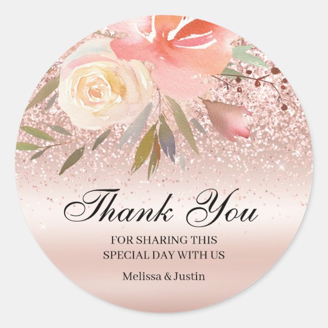 Pink Glitter Floral Wedding Thank You Classic Round Sticker (Front)