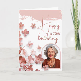Pink Glitter Flower Floral Photo 70th Birthday Card