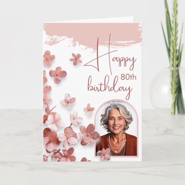Pink Glitter Flower Floral Photo 80th Birthday Card (Front)