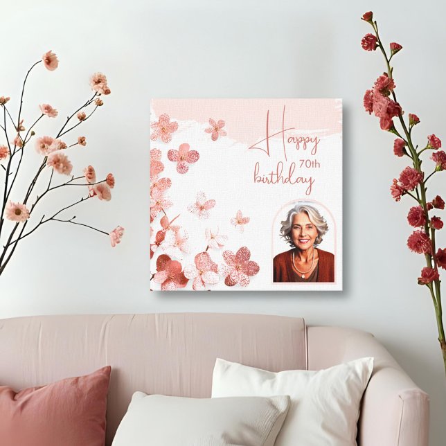 Pink Glitter Flowers Floral Photo 70th Birthday Canvas Print (Creator Uploaded)