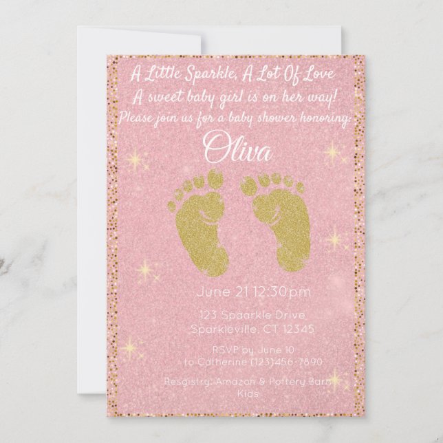 Pink Glitter Footprint Baby Girl Shower Invitation (Front)