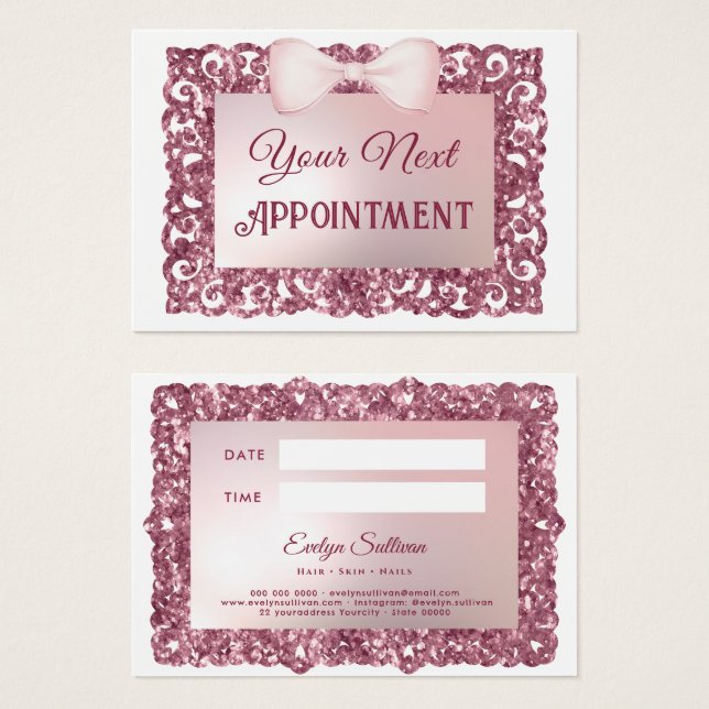 Pink glitter frame bow appointment card (Front & Back)