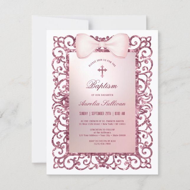 Pink Glitter Frame Bow Baptism Invitation (Front)