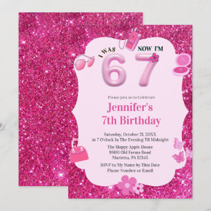 Pink Glitter Girl 7th Birthday Was 6 Now 7 Invitation