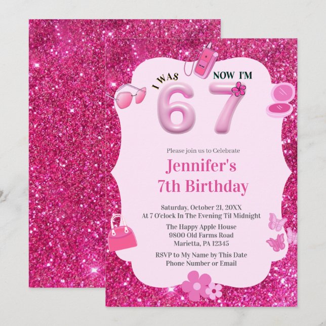 Pink Glitter Girl 7th Birthday Was 6 Now 7 Invitation (Front/Back)