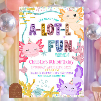 Pink Glitter girl Axolotl birthday invitation