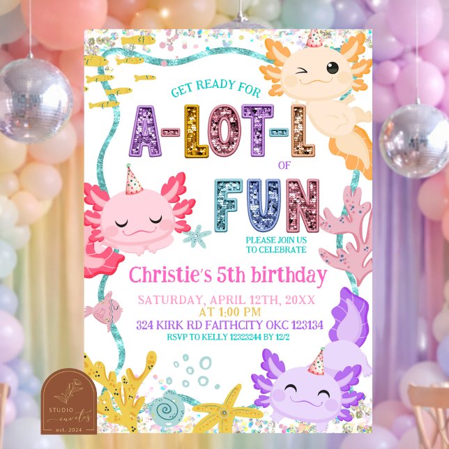 Pink Glitter girl Axolotl birthday invitation (Creator Uploaded)