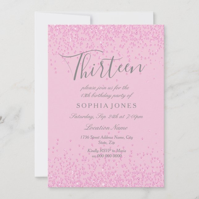 Pink Glitter Girls 13th Birthday Party Invite (Front)