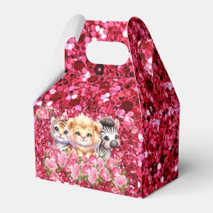 Pink Glitter GIrl's Baby Shower Wild Animals Favor Box