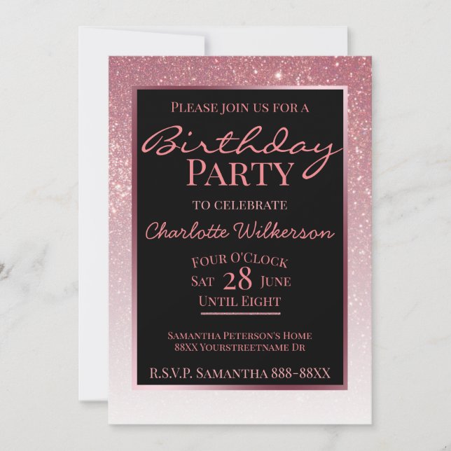 Pink Glitter Girly Glamourous Birthday Party Invitation (Front)