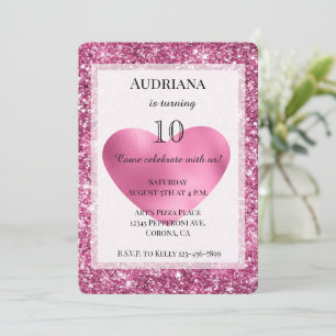 Pink Glitter Glam Heart Birthday Invitation