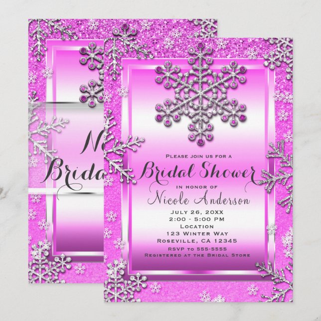 Pink Glitter Glam Winter Wonderland Snowflakes Invitation (Front/Back)