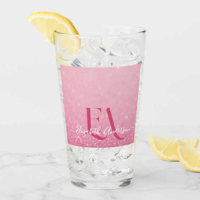 Pink Glitter Glass Cup with Name & Initials (Front Ice)